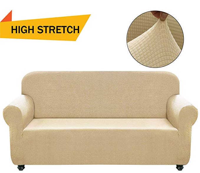 Chelzen Stretch Sofa Covers 1-Piece Polyester Spandex Fabric Living Room Couch Slipcovers (Loveseat, Beige)