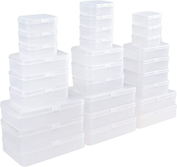LJY 28 Pieces Mixed Sizes Rectangular Mini Boxes Empty Frosted Plastic Storage Containers with Lids for Small Items and Other Craft Projects