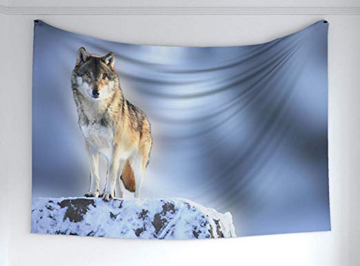 Ambesonne Wolf Tapestry, Carnivore Animal in Snow Mountains Blurred Background Alpine Canine Nature Photograph, Fabric Wall Hanging Decor for Bedroom Living Room Dorm, 60" X 40", Bluegrey Grey