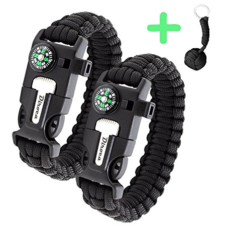 550 Paracord Bracelet - Premium Outdoor Survival Gear Kit 5 in 1 with Embedded Compass Fire Starter Emergency Knife Whistle & Rescue Rope - 2 PACK   Monkey KeyChain