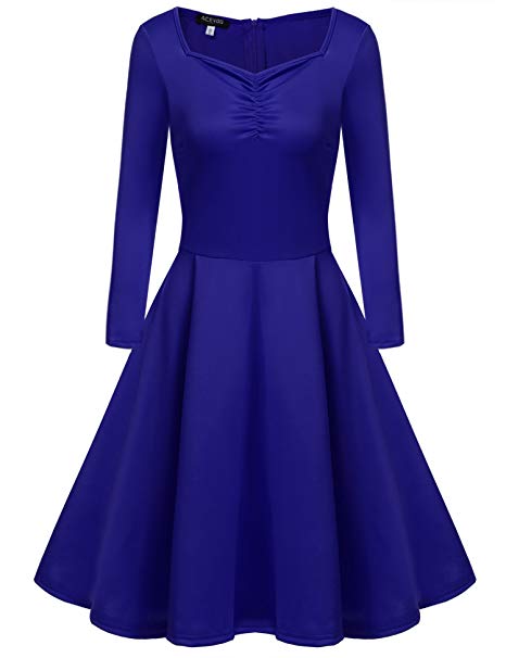 ACEVOG Womens Vintage Dress Midi Elegant Dress, A Line Swing Vintage Long Sleeve Scoop Neck Tea Dress