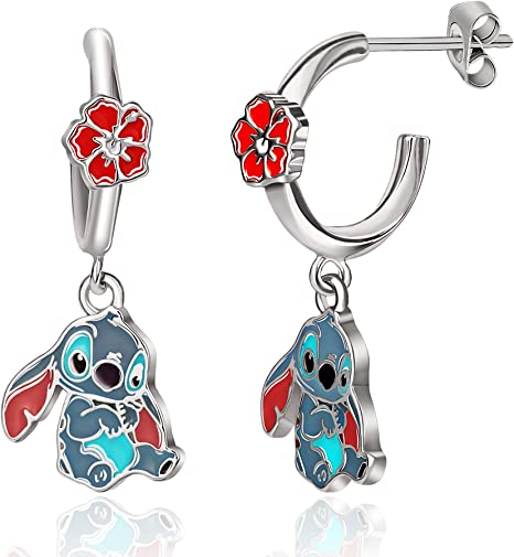 Disney Girls Lilo & Stitch Hoop Earrings - Enamel Hibiscus Flower and Stitch Dangle Earrings - Disney Earrings - Stitch Earrings