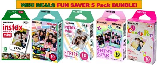 Fujifilm Instax Mini Instant Film 5 Pack BUNDLE, Candy Pop, Stained Glass, Stripe, Shiny Star, Single pack : 10 sheets X 5 Pack Assort Bundle = 50 Sheets! BONUS-FREE Wiki Deals Colorful Micro Fiber Cloth!