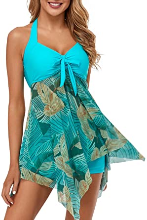 MiYang Women's Tankini Swimdress with Boyshorts Two Piece V Neck Bowknot Halter Bathing Suit Dress