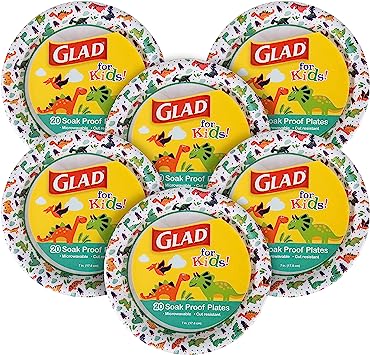 Glad for Kids 7-Inch Paper Plates | Small Round Paper Plates With Cute Dinosaur Design for Kids | Heavy Duty Disposable Soak Proof Microwavable Paper Plates for All Occasions, 120 Count