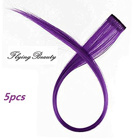 Purple Clip in Human Hair Extensions Straight 100% Remy Human Hair Purple Clip in Highlights 5 Pieces/set 18 Inch Color Purple