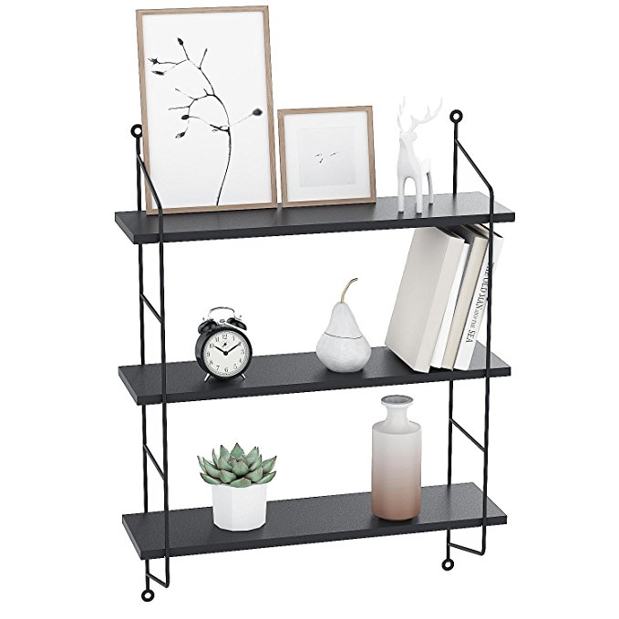 rateim Modern Wall Mounted Industrial Floating Book Shelves Heavy Duty, 3 Tier Display Wall Bookcase Shelf Storage Rack Wall Holder Rack-Black (US STOCK)