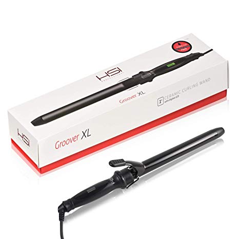 HSI Professional Groover XL 1-Inch Digital LCD Ceramic Curling Iron Wand - Ionic Curler & Hairstyling Rod w/Tourmaline Barrel - Easy Curl Setting For All Hair Types