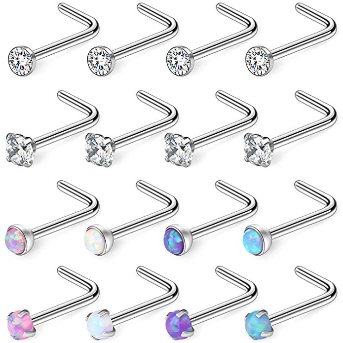 Ruifan 18G 316L Surgical Steel 1.5mm 2mm 2.5mm 3mm Jeweled Opal & Clear CZ Nose L-Shaped Rings Studs Ring Body Piercing Jewelry 8-16PCS