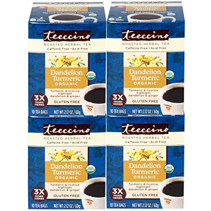 Teeccino Dandelion Turmeric Organic Dandelion Root Roasted Herbal Tea, Caffeine Free, Gluten Free, Acid Free, Prebiotic, 10 Tea Bags (Pack of 4)