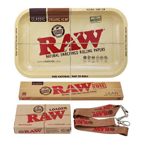 Genuine RAW Bundle Kit - Homemade Cone Style Cigarette & Blunt Rolling Variety Pack - 1 Metal Rolling Tray, 1 Pack Cone Papers [20 Count] & 1 Cone Loader with Scraper Card & Poker