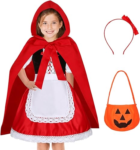 Little Red Riding Hood Costume for Girls Kids Halloween Fairytail Storybook Character Cosplay Dress Hooded Cloak 3-13 Years