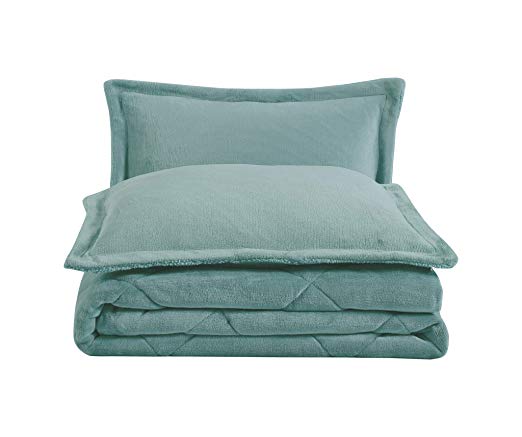 Chezmoi Collection 3-Piece Super Soft Micromink Sherpa Solid Reversible Down Alternative Comforter Set (Queen, Spa Blue)