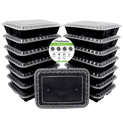 Freshware 15-Pack 3 Compartment Bento Lunch Boxes with Lids - Stackable, Reusable, Microwave, Dishwasher & Freezer Safe - Meal Prep, Portion Control, 21 Day Fix & Food Storage Containers (36oz)