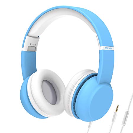 iClever HS15 Kids Headphones - Wired Headphones Kids Stereo Sound Adjustable Metal Headband Microphone Foldable Tangle-Free Wires 94dB Volume Limiting - Childrens Headphones Over Ear, Blue