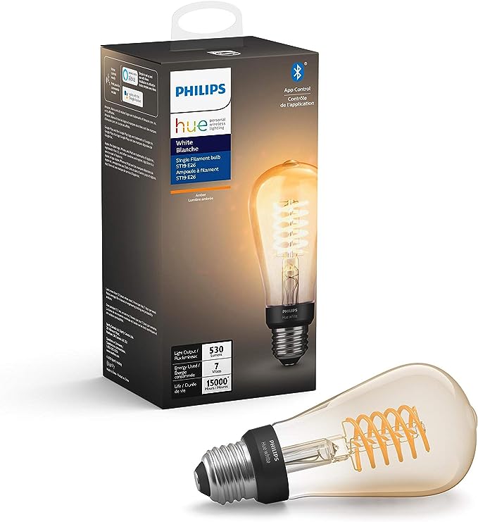 Philips Hue White 7W Equivalent 60W Filament ST19 Base E26 LED Smart Bulb, Dimmable, Bluetooth & Zigbee compatible, voice activated with Alexa & Google Assistant (Packaging may vary)