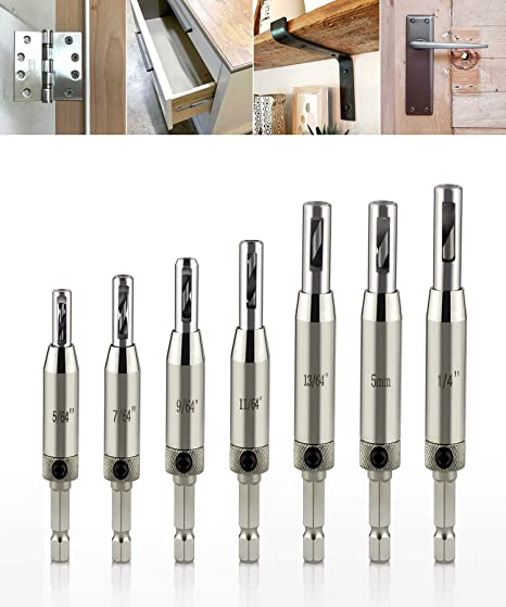 QWORK Vix Bits Self Centering Clic Change Door Hinge Drill Bit Set, 5/64", 7/64", 9/64", 11/65", 5mm, 13/64", 1/4"