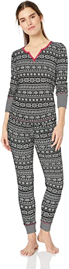 Amazon Brand - Mae Women's Vintage Thermal Henley Long Sleeve Top with Jogger Pajama Set