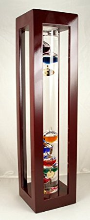Galileo Thermometer in Square Wood Frame. Mahogany Finish. 15-Inch Tall with Gold Plated Tags in Fahrenheit