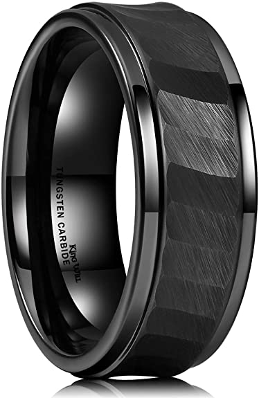 King Will Hammer 8mm Black/Silver Tungsten Carbide Ring Hammered Brushed Mens Wedding Band Comfort Fit