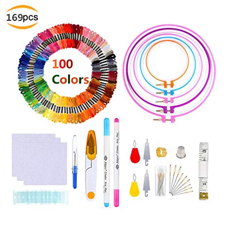 Embroidery Starter Kit,Jusoney 169pcs Full Set of Handmade Partten Cross Stitch Kit Including 100 Color Threads,Embroidery Cloth,Embroidery Hoop and Tools Kit for Beginner (Embroidery Kit)