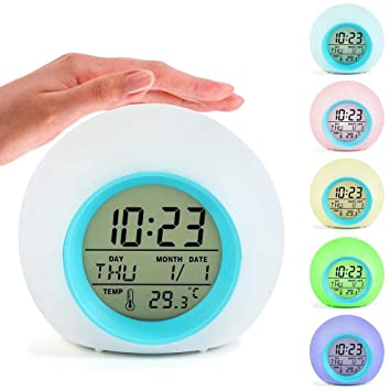 Lidasen Kids Alarm Clock, Digital Wake Up Clock with 7 Colors Changing Light & 6 Optional Alarm Nature Sounds, with Temperature Calendar, Best Night Light Bedside Clock for Students/Boys/Girls