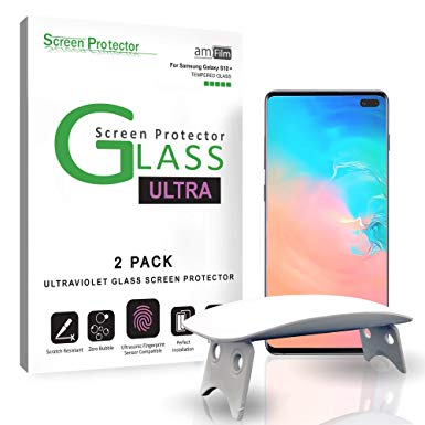 amFilm Ultra Glass Screen Protector for Galaxy S10 Plus, (2 Pack) UV Gel Application, Tempered Glass, Compatible with UltraSonic Fingerprint Scanner for Galaxy S10 Plus (2019)