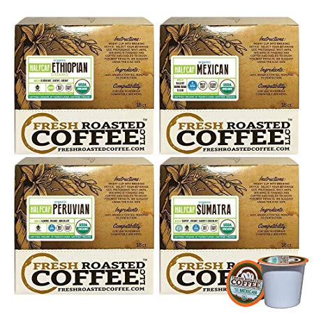 Fresh Roasted Coffee LLC, Organic Half Caf Single-Serve Coffee Pod Variety Pack, USDA Organic, Water Processed, Capsules Compatible with 1.0 & 2.0 Single-Serve Brewers, 72 Count