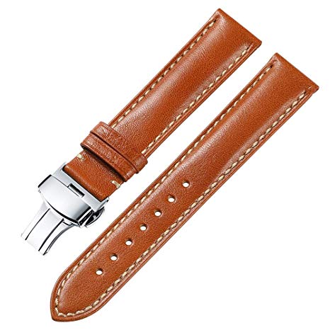 iStrap 18 19 20 21 22mm Genuine Leather Watch Band Padded Calfskin Strap Steel Butterfly Deployant Clasp Super Soft(Six Color Choose)