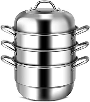 COSTWAY 3-Tier Stainless Steel Steamer, 11'' Multi-Layer Cookware Pot with Handles on Both Sides, with Tempered Glass Lid, Work with Gas, Grill Stove Top, Dishwasher Safe, Includes 2 Steaming Septa