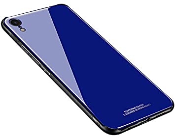 SUMart iPhoneXR Case Anti-Scratch Tempered Glass Back Cover TPU Frame Hybrid Shell Slim Case Anti-Drop (Blue, iPhone XR 6.1inch)
