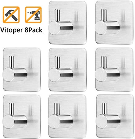 Miamasvin Self Adhesive Hooks 8 Pack, Stainless Steel Hooks Waterproof Strong Sticky Wall Hook for Kitchens, Bathrooms, Lavatories, Closets, Bedroom,Office and so on