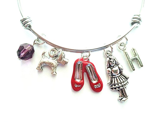 Wizard of Oz themed personalized bangle bracelet. Antique silver charms and a genuine Swarovski birthstone colored element.