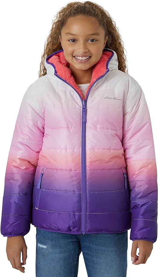 Eddie Bauer Girls' Reversible Jacket - Deer Harbor Waterproof Lightweight Puffer Coat with Faux Shearling Lining (5-20)