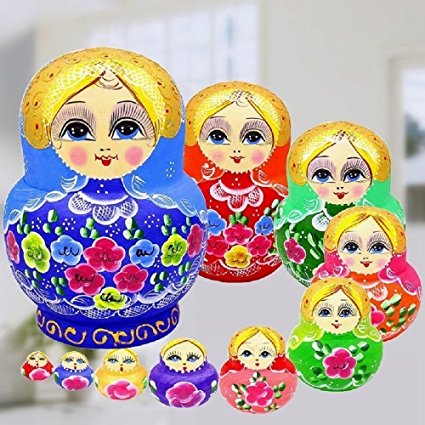 King&Light - 10pcs Peony Multicolor Russian Nesting Dolls Matryoshka Toys by K&L