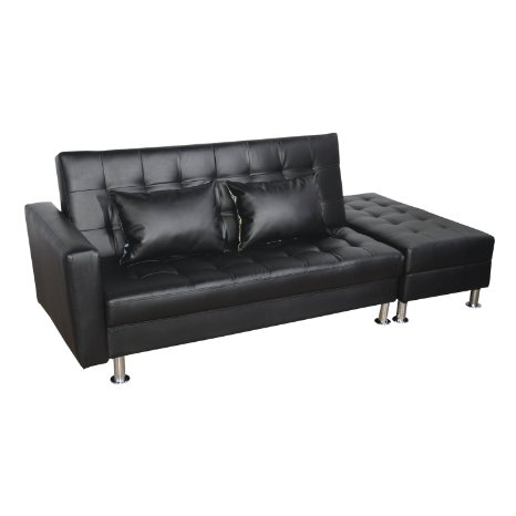 HomCom PU Leather Folding Sofa Couch Sleeper Bed w/ Storage Ottoman - Black