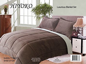 Goose Down Alternative Flannel Sherpa 3pc set Comforter, Blanket and 2Pillow Covers Shams full/Queen Size, for Bed Bedroom Bunkbed Sleigh Beds, Hiking, Camping, Medium Weight, Super Warm, Brown