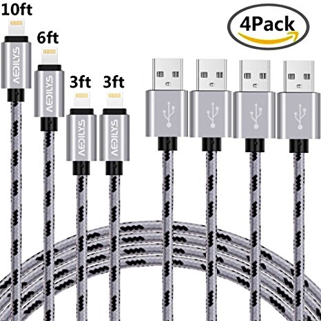 iPhone Charger, AEDILYS 4Pack [3FT 3FT 6FT 10FT] Nylon Braided Lightning to USB Cable Fast Sync Charging Cord for iPhone 7/7 Plus/6s/6s Plus/6/6 Plus/5/5S/5C/SE/iPad and iPod (Gray,4Pack)