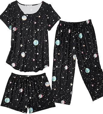 Ekouaer 3 PCS Capri Pajamas for Women Set Short Sleeve Pajama Sets Floral Pj Sets Soft Sleepwear with Pockets