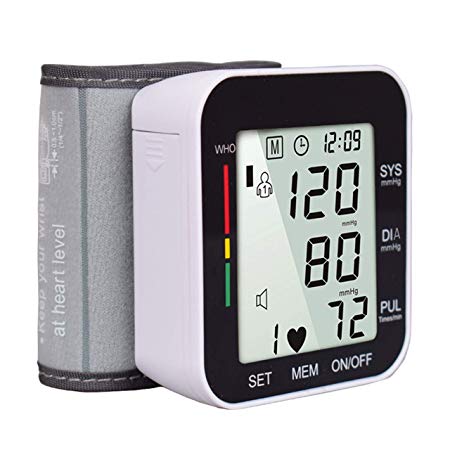 Automatic Wrist Blood Pressure Monitor Voice Broadcast High Blood Pressure Monitors Portable LCD Screen Irregular Heartbeat Monitor with Adjustable Cuff and Storage Case Powered by Battery