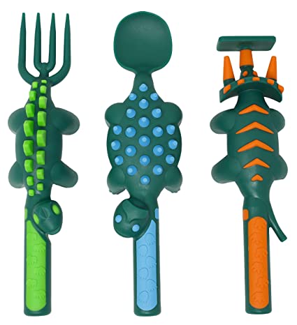 Constructive Eating Dinosaur Utensil Set for Toddlers, Infants, Babies and Kids - Flatware Toys are Made in The USA with FDA Approved Materials for Safe and Fun Eating, Green