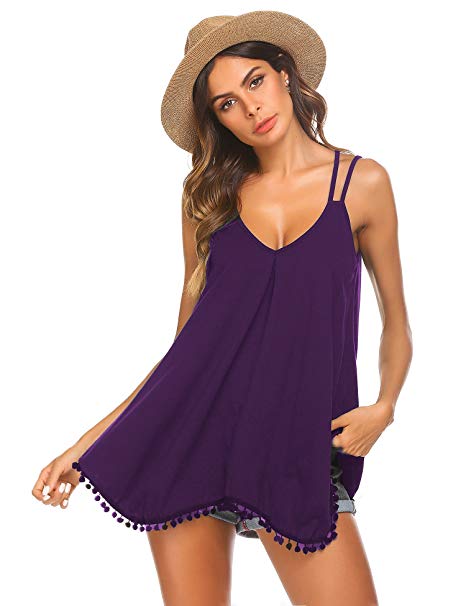 Wildtrest Women's Casual Strap V Neck Flowy Loose Pleated Tassels Cami Tank Top