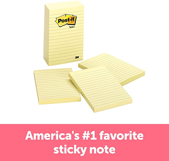 Post-it Notes, Canary Yellow, Lined, Large Size, Clean Removal, Recyclable 4 in x 6 in