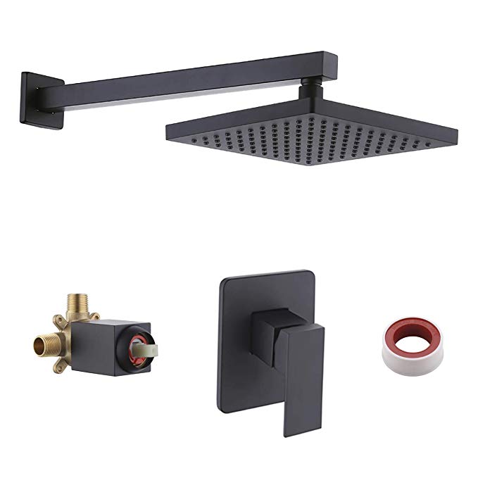 KES Pressure Balance Shower System Bathroom Shower Faucet Square Rainfall Shower Head Combo All Metal Wall Mount Matte Black (Including Rough-In Valve Body and Trim), XB6210-BK