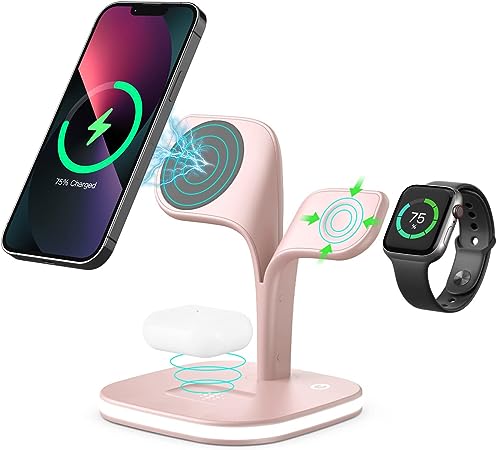 Magnetic Charging Station, EXW 5 in 1 Faster Mag-Safe Wireless Charger Stand for iPhone 14,13,12 Pro/Max/Mini/Plus, Apple Watch 8/7/6/SE/5/4/3/2 and Airpods 3/2/Pro/Pro 2 with LED and Adapter (Pink)