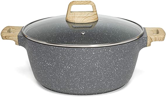 Ecolution Farmhouse Cast Aluminum Speckle Coated Stockpot Casserole Dish with Ergonomic Wood Look Handles, Dishwasher Safe, Glass Lid, Durable Non-Stick, 6 Quart Dutch Oven, Black