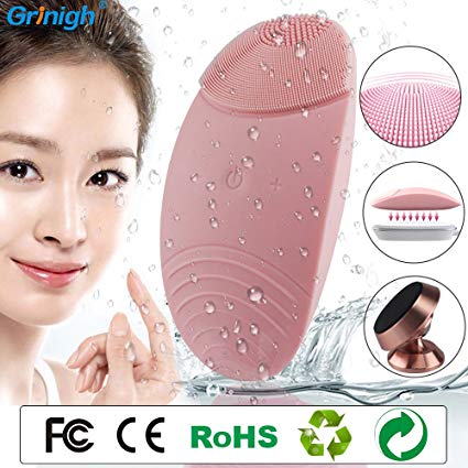 Grinigh Electric Silicone Facial Cleansing Brush, Waterproof for All Skin Types - Daily Gentle Cleaning, Exfoliation & Massage with Wireless Charging and 360° Rotation Magnetic Cell Phone Mount