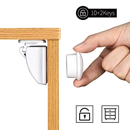 Magnetic Cabinet Lock, TOPELEK Baby Proofing Safety Cabinet Locks 3M Double-Sided Adhesive No Drilling Lock(Screw Supported) for Drawer Cupboard Closet -10 Locks   2 Keys