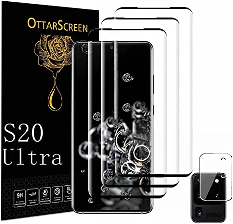 OttarScreen Galaxy S20 Ultra Screen Protector【3 1 Pack】1 Pack Camera Lens Protector, Compatible Fingerprint, Easy Installation [3D Glass] 9H Hardness Tempered Glass Screen Protector for Samsung Galaxy S20 Ultra 5G