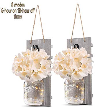 Mason Jar Sconces Rustic Floral Wall Décor with LED Fairy Lights, Rustic Handmade Hanging Wall Decor Crafts with Vintage Wrought Iron Hooks Silk Hydrangea Flowers Set of 2